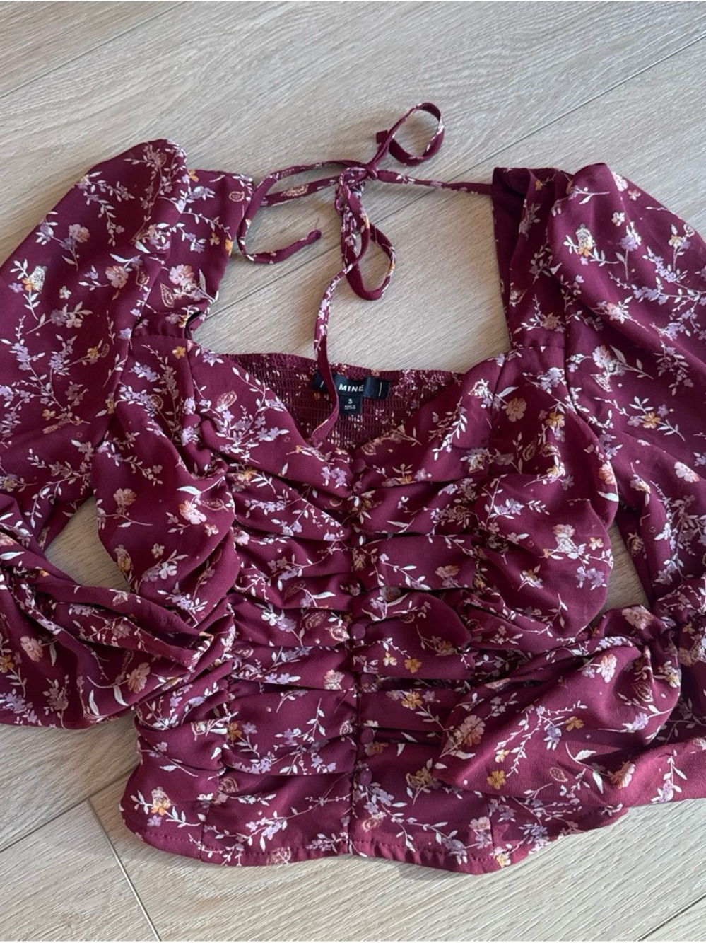 MINE Burgundy Floral Ruched Tie-Back Blouse